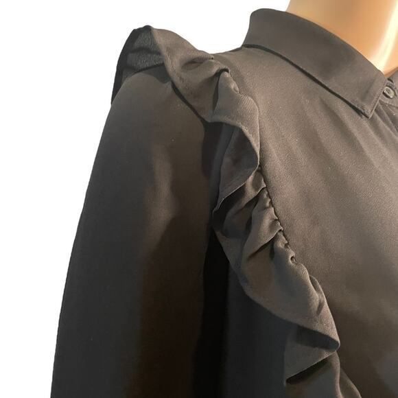 Leith black long sleeve lightweight button down ruffle blouse size medium - Picture 3 of 13